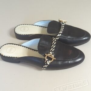 1901 Black Leather Mules with Gold Accent